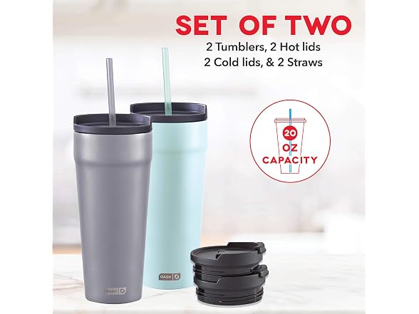 DASH 20oz Tumbler with Spill-Proof Lid and Straw  2PK