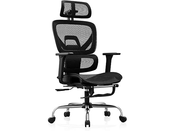 Synorla Ergonomic Office Chair with Footrest, Mesh Desk Chair with 135° Recline, Adjustable Lumbar Support, 3D Armrests and Headrest, Swivel Computer Chair for Home Office (Open Box)