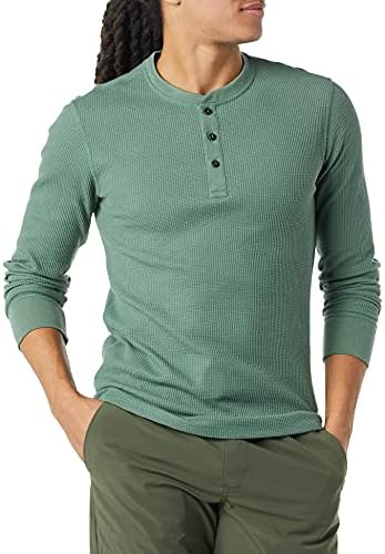 Amazon Essentials Long Sleeve Waffle Henley Shirts for Men, Slim-Fit, Green, Large