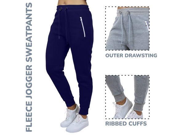 3Pk Womens Fleece Joggers w-Zip Pockets