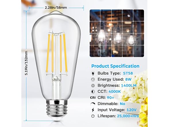 Sucolite 4-Pack Vintage E26 LED Edison Bulbs