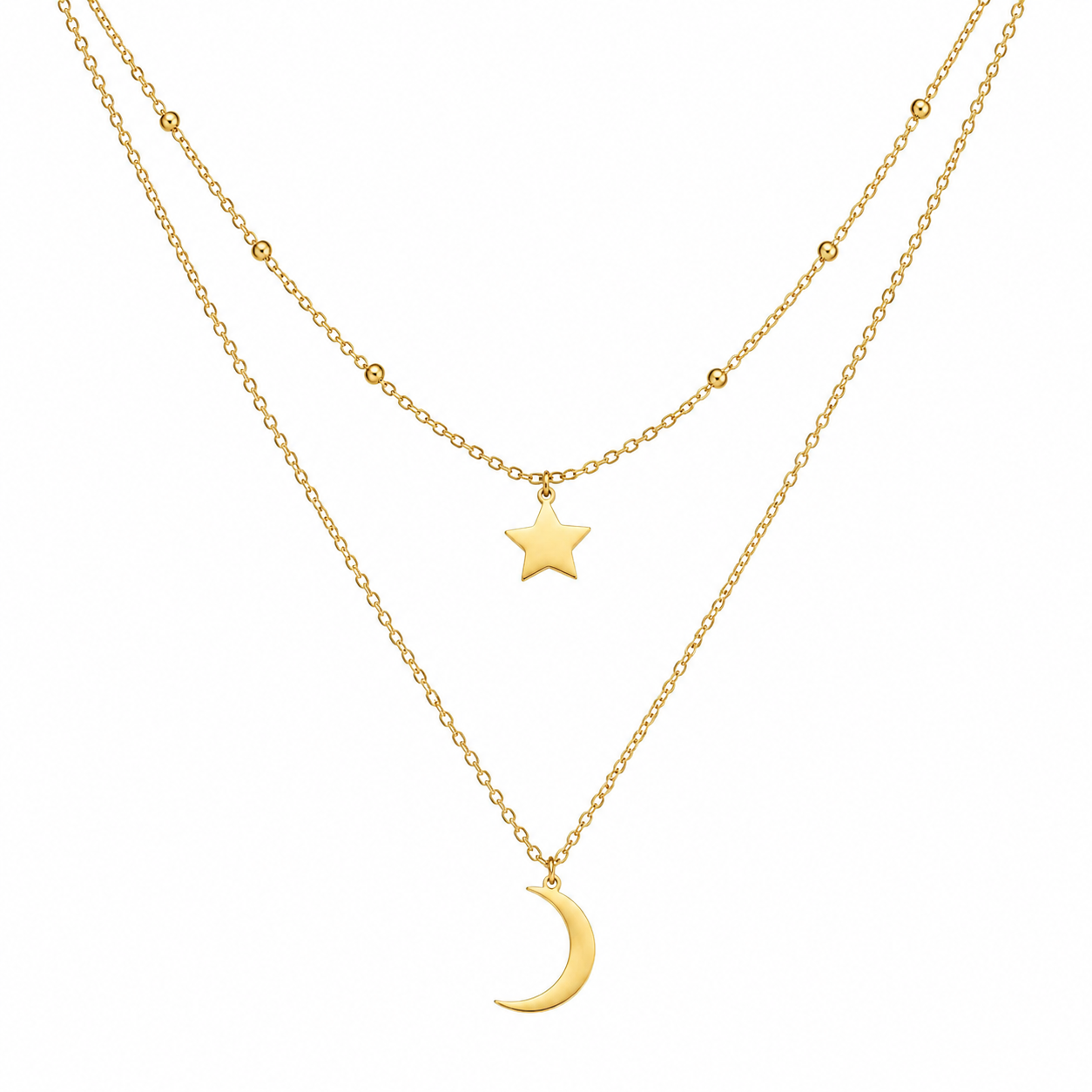18K Gold Moon & Star Layered Necklace - Gallery 5