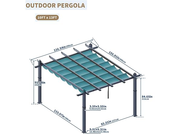 KYBOLT 10x13 Ft Aluminum Pergola with Retractable Canopy