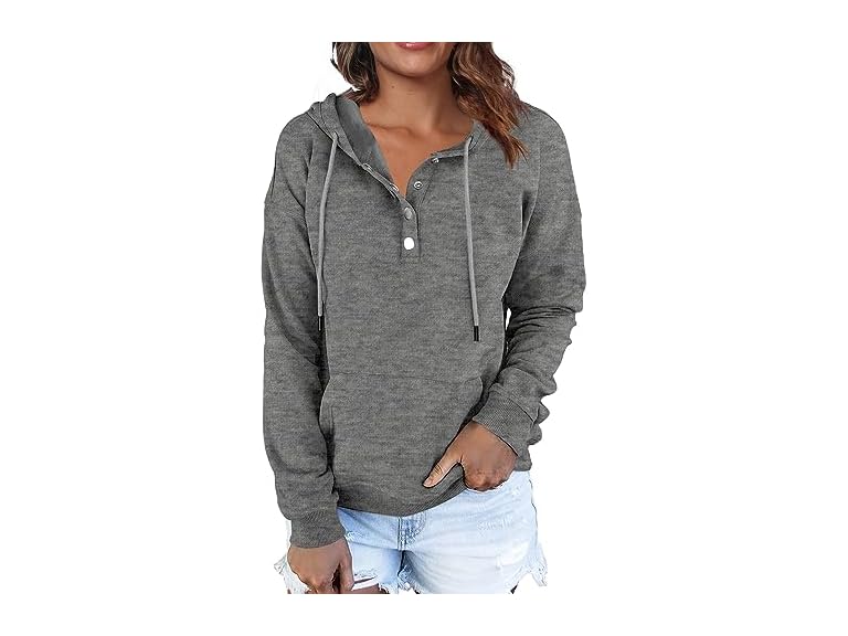 FKEEP Women Hoodies Casual Button Down Sweatshirt Drawstring Long Sleeve Pullover Fall Winter Clothes with Pockets Grey