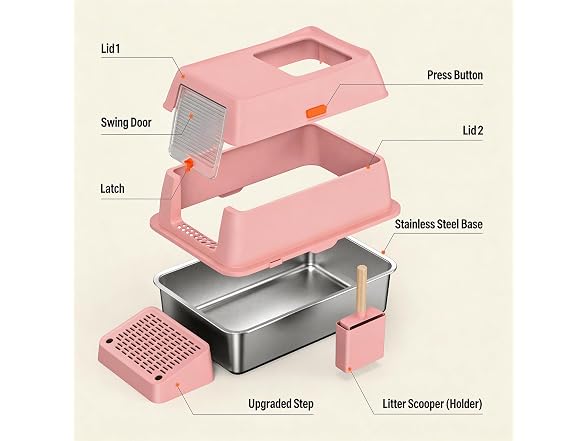 CatbruLop Stainless Steel Litter Box with Lid, Pink