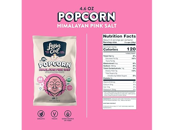 LesserEvil Popcorn, Himalayan Pink Salt, 4.6 Oz