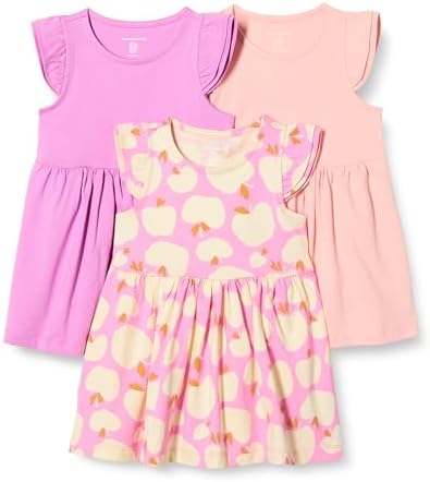 Amazon Essentials Girls' Ruffle Jersey Dress, Pack of 3, Mauve/Pink/Apples, Medium