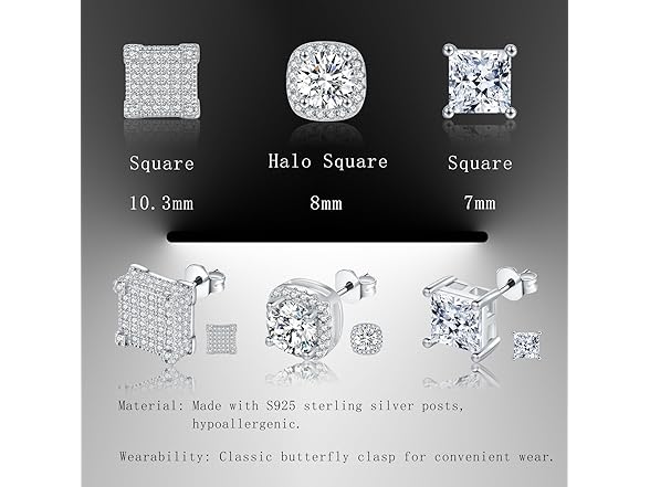6 Pairs Sterling Silver Cubic Zirconia Studs