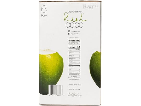 Real Coco Organic Pure Coconut Water (6-Pack 1L)