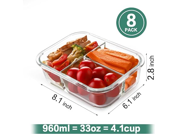 HOMBERKING 8 Pack 3 Compartment 36oz Containers
