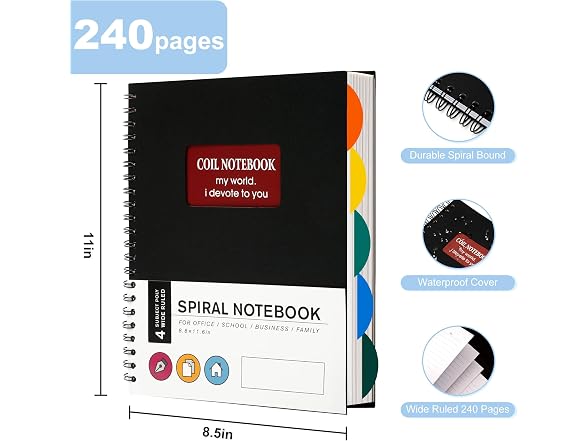 Yoment Spiral Notebook 8.5'' x 11'' Wide Line