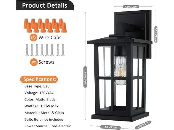 2-Pack Outdoor Wall Light Fixtures, Exterior Porch Lights, Black