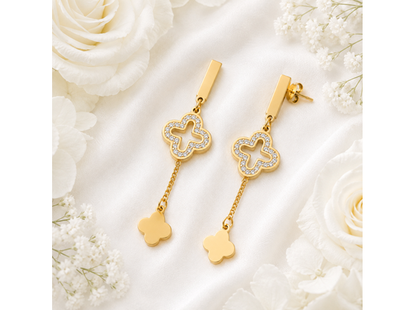 18K Gold CZ Clover Drop Earrings