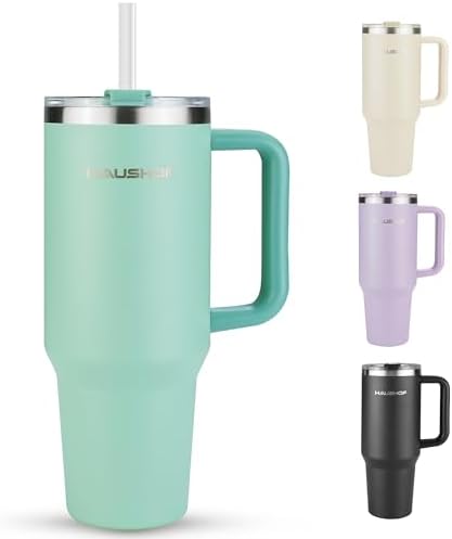 HAUSHOF 40 oz Tumbler with Handle and Straw, Insulated Stainless Steel Coffee Tumbler with Tritan Lid, Double Walled Travel Mug Water Bottle Cup, Large Tumbler for Hot and Cold Drinks