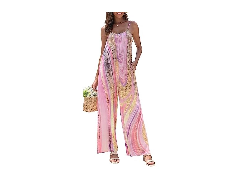 FKEEP Women's Loose V Neck Sleeveless Jumpsuits Adjustable Spaghetti Strap Romper Casual Wide Legs Pants with Pockets(C-Golden,Small)