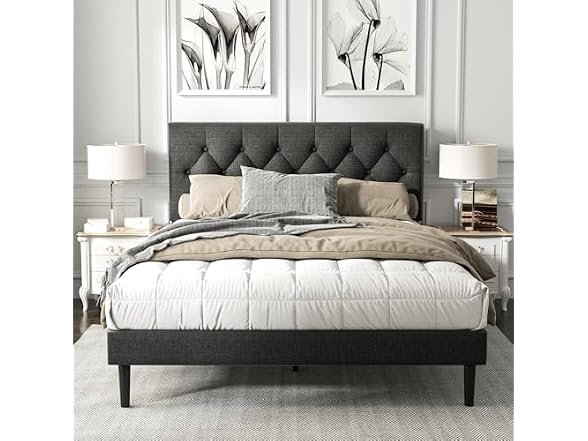 Platform Bed Frame, Tufted Headboard