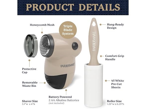 Farberware Fabric Shaver & Lint Roller Set, Small, Portable