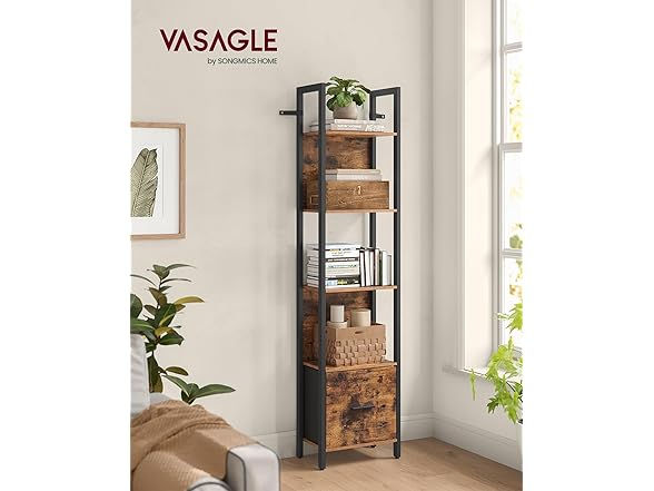VASAGLE 5-Tier Bookshelf, Book Shelf with Drawer