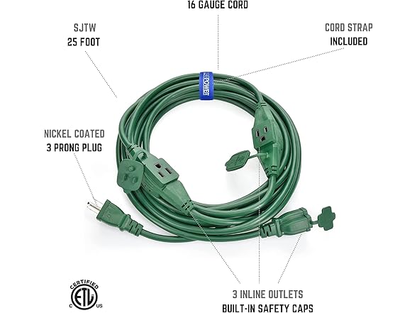 Clear Power 25ft 16/3 SJTW Green Landscape Ext Cord
