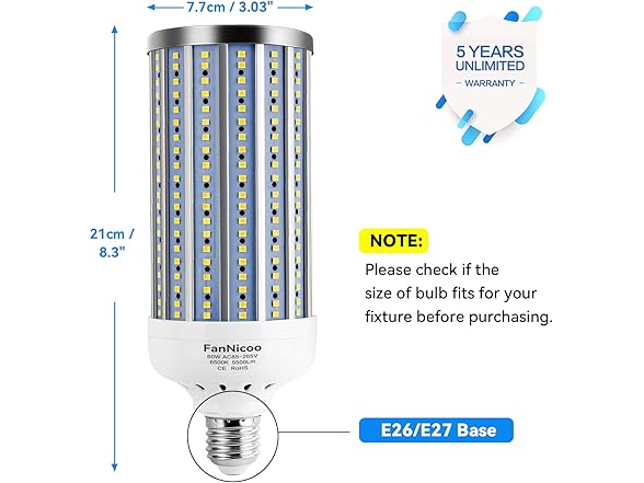 FanNicoo E26 60W LED Light Bulb 500W Equivalent