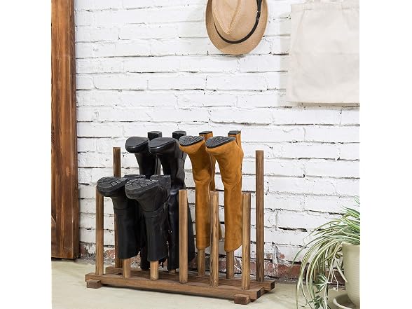 MyGift Rustic Burnt Brown Solid Wood Floor Standing Boot Holder Rack