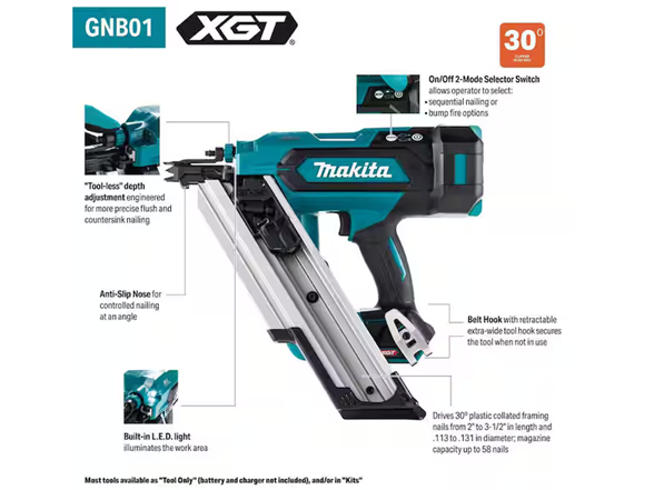 Makita GNB01Z 40V max XGT 3-1/2 in. 30 deg Nailer