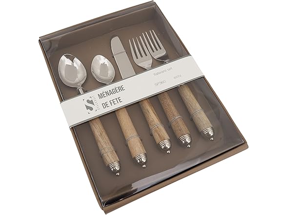 Natural Bark Wood Style Handle Place Setting Flatware (Set of 5)