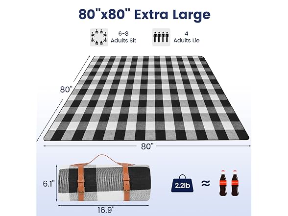 sapsisel 80”x 80” Picnic Blanket Extra Large, 8