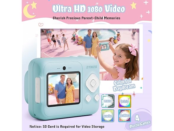 ETIKEZ Kids Camera, 1080P Instant Print
