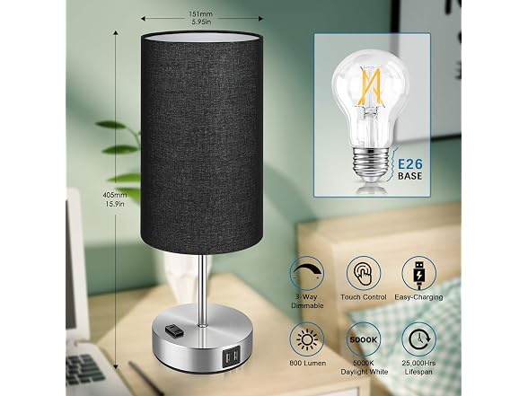 Brightever Black Touch Control Table Lamp Set of 2