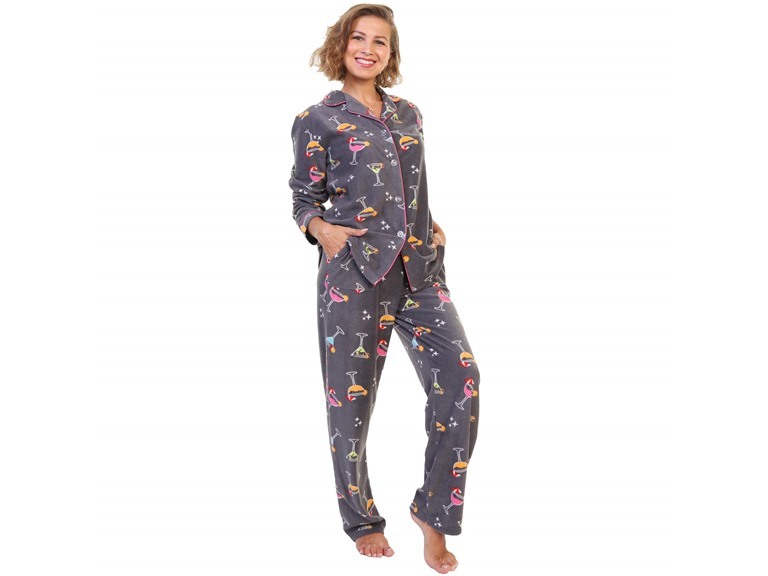 Angelina Women's Cozy Fleece Notch Collar Pajama Set with Pockets