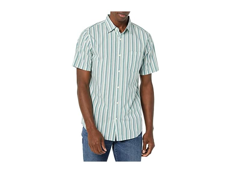 Amazon Essentials Men's Slim-Fit Short-Sleeve Poplin Shirt, Aqua Blue White Vertical Stripe, X-Large