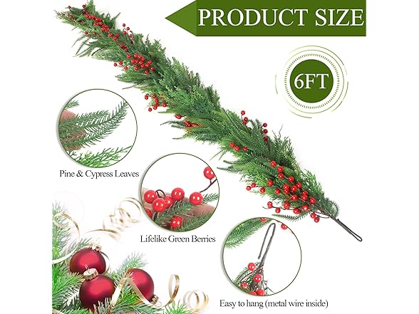 TISEMENT Norfolk Pine Cypress Garlands with Red Berries, 6Ft