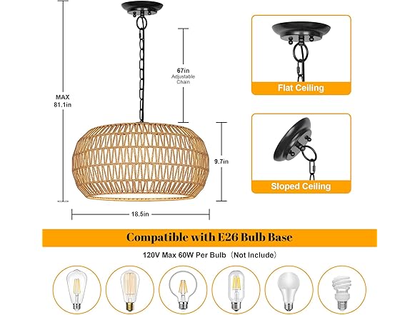 19" Rattan Chandeliers for Dining Room, Boho
