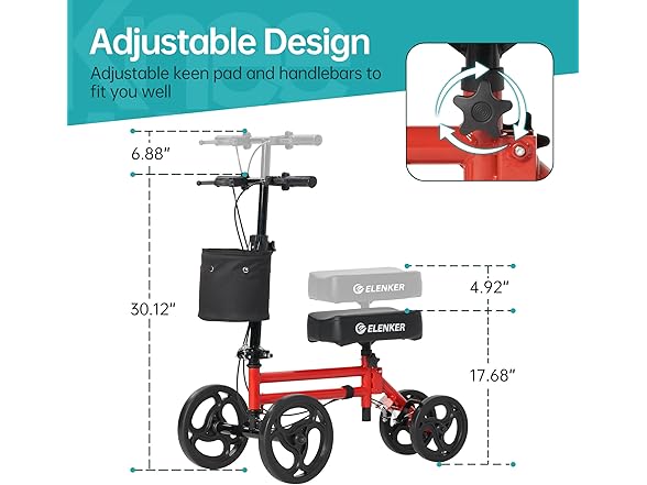 ELENKER Knee Scooter Economy Knee Walker with Dual Braking System for Injury or Surgery to The Foot, Ankle Injuries Dark Red (Open Box)