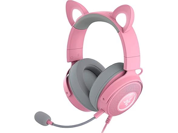 Razer Kraken Kitty V2 Pro Wired RGB Headset: Interchangeable Ears (Kitty, Bear, Bunny) - Stream Reactive Lighting - Detachable HyperClear Cardioid Mic - 50mm Drivers - 7.1 Surround Sound - Quartz Pink (Open Box)