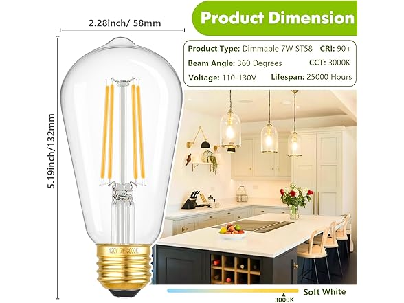 Kondras B0CGV7LB8H 7W ST58 Edison Bulbs Warm