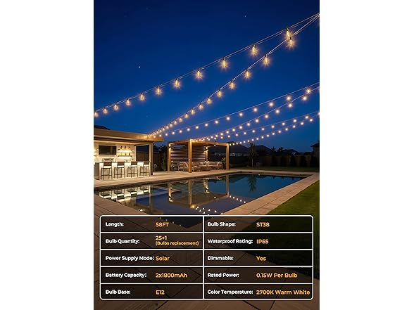 Brightown 58FT Solar String Lights Outdoor