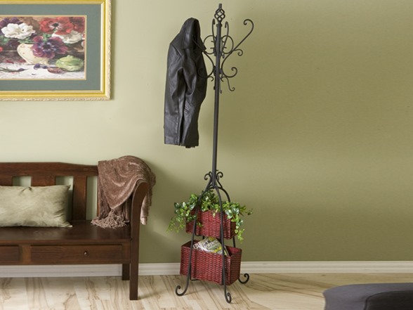 Black Hall Tree with Rattan Storage