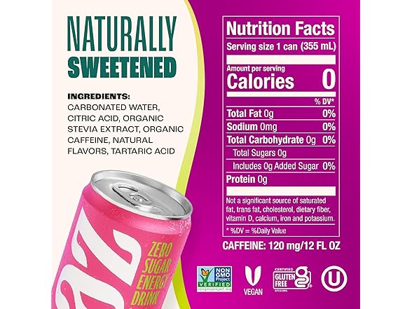 12PK Zevia Zero Sugar Energy Drink, Fruity Fuel