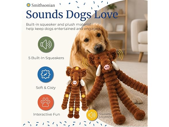 Smithsonian Long Animals Dog Toy – Stuffing-Free Mammoth