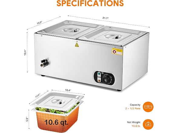 WILPREP Two 1/2 Pans Commercial Food Warmer