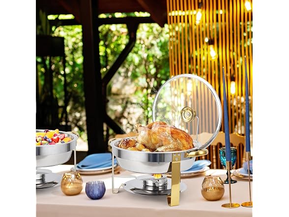Set of 2 Gold 5QT Stainless Steel Round Chafing Dishes 