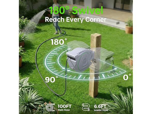 Retractable Garden Hose Reel 5/8 in x 100 ft, Heavy Duty Wall Mounted Water Hose Reel with 9-Pattern Nozzle, Any Length Lock, Automatic Slow Return System, 180° Swivel Bracket, UV Resistant (Open Box)