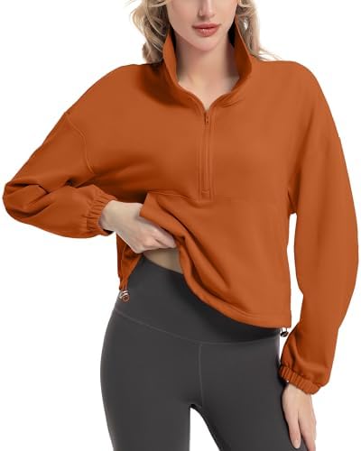 FKEEP Quarter Zip Pullover Women Cropped Sweatshirt Long Sleeve Crop Top Stand Collar Drawstring Casual Pullover zBrown a M