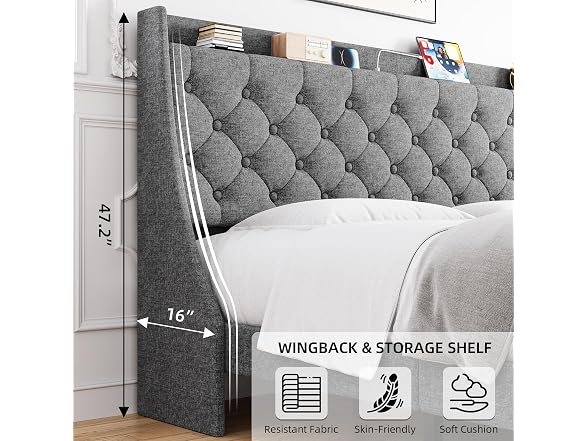 GAOMON Full Bed Frame, Charging, Grey