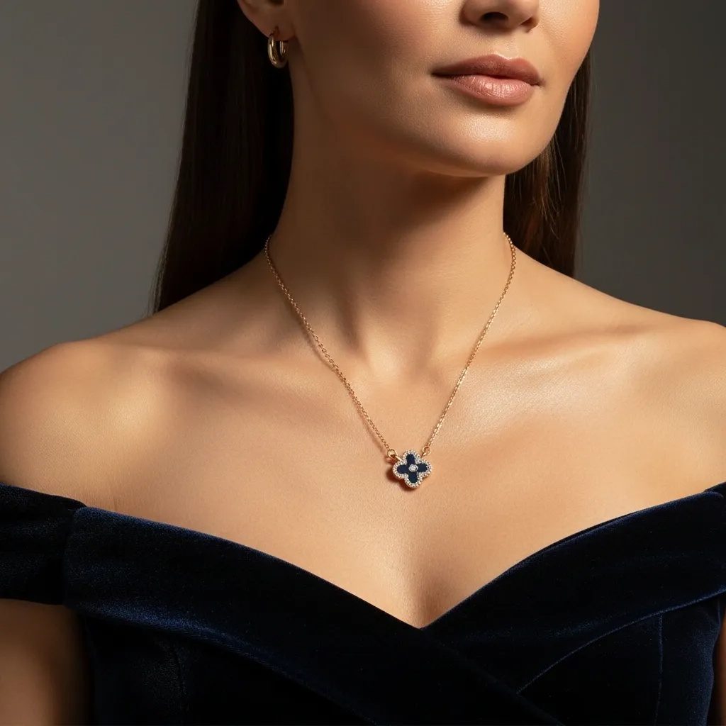 Clover CZ Halo Necklace - Black - Gallery 6