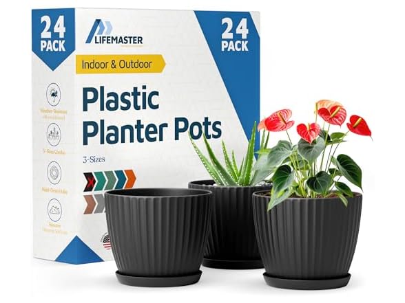 Lifemaster Black 6-Inch Plant Pots with Drainage & Saucers 24 Pack