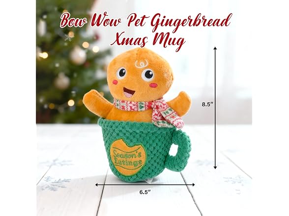 Bow Wow Pet Gingerbread Xmas Mug Squeaky Plush Dog Toy