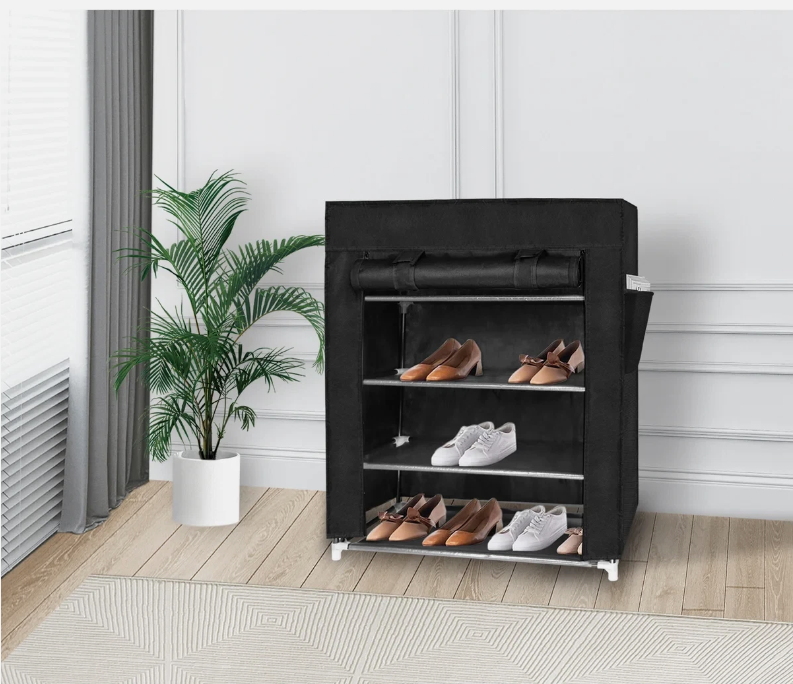 J&V Textiles 682-BK 4 Tier Shoe Rack with Side Pocket - Gallery 7